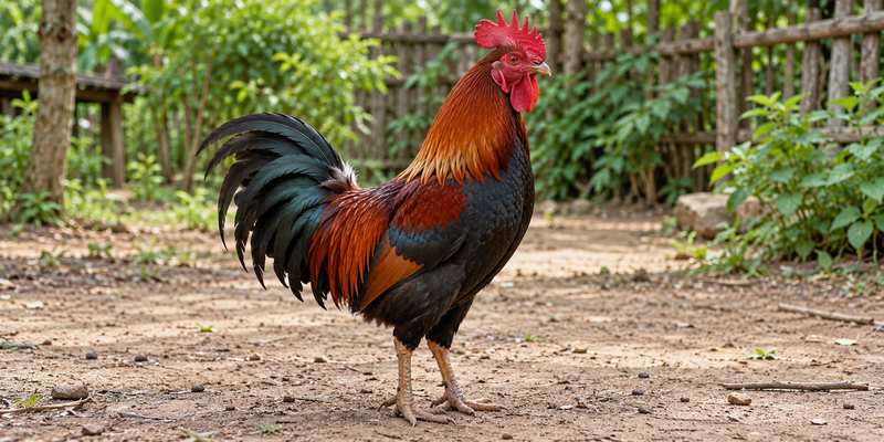 Healthy rooster standing outdoors in a peaceful and natural countryside farmyard.