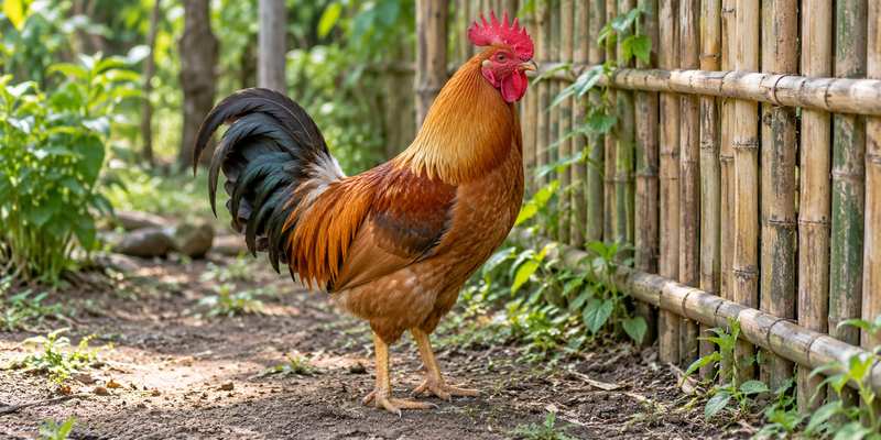 Golden rooster beside bamboo fencing in a quiet green rural garden.