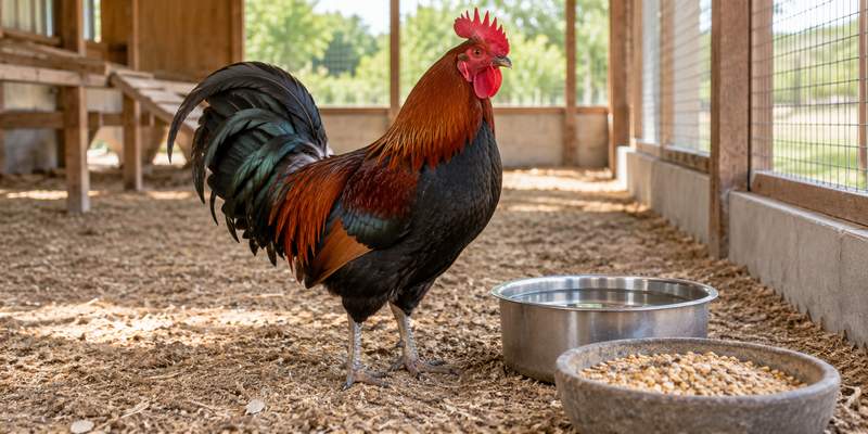 Healthy rooster beside fresh water inside a spacious outdoor poultry shelter.